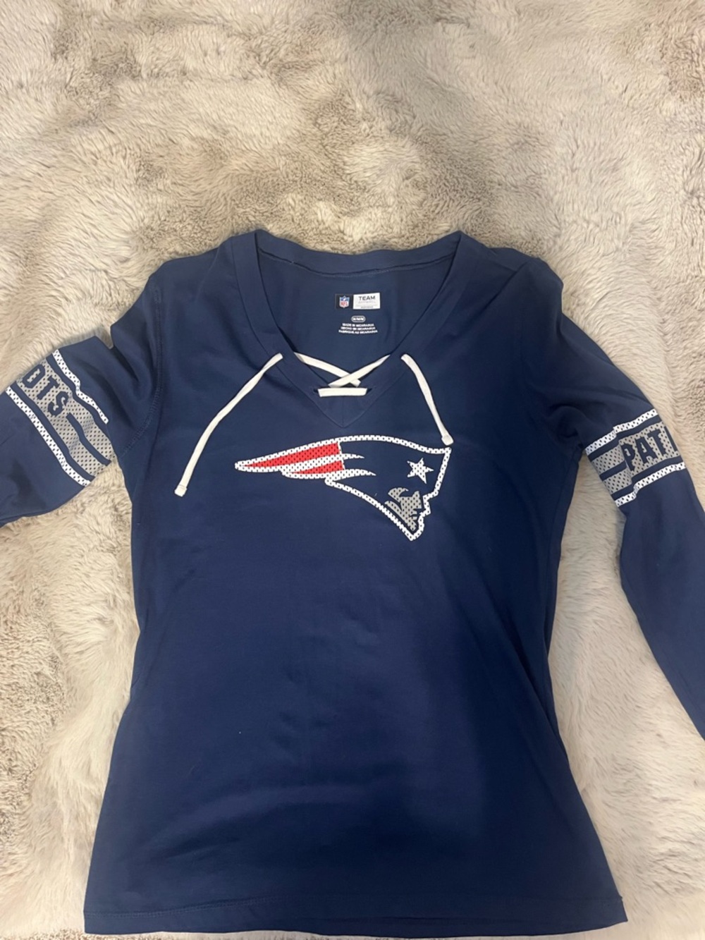 NFL Navy Long-Sleeve Women’s Top with Team Logo and Lace-Up Neck